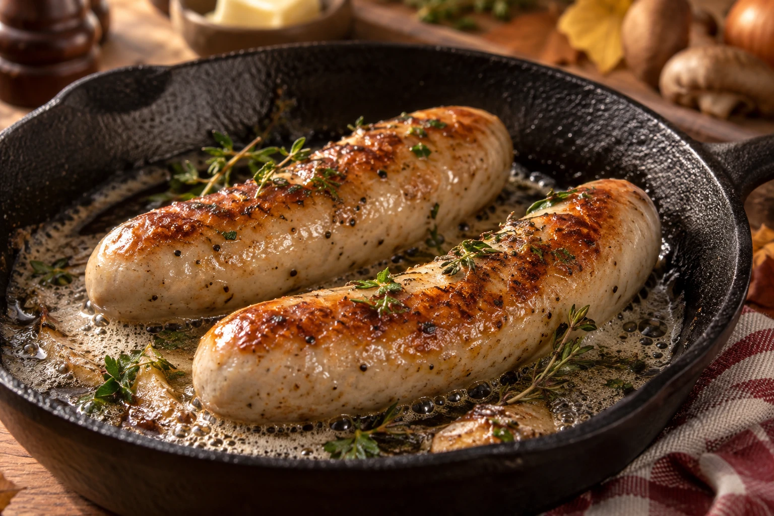 Boudin blanc poêlé doré dans une poêle en fonte avec du beurre mousseux