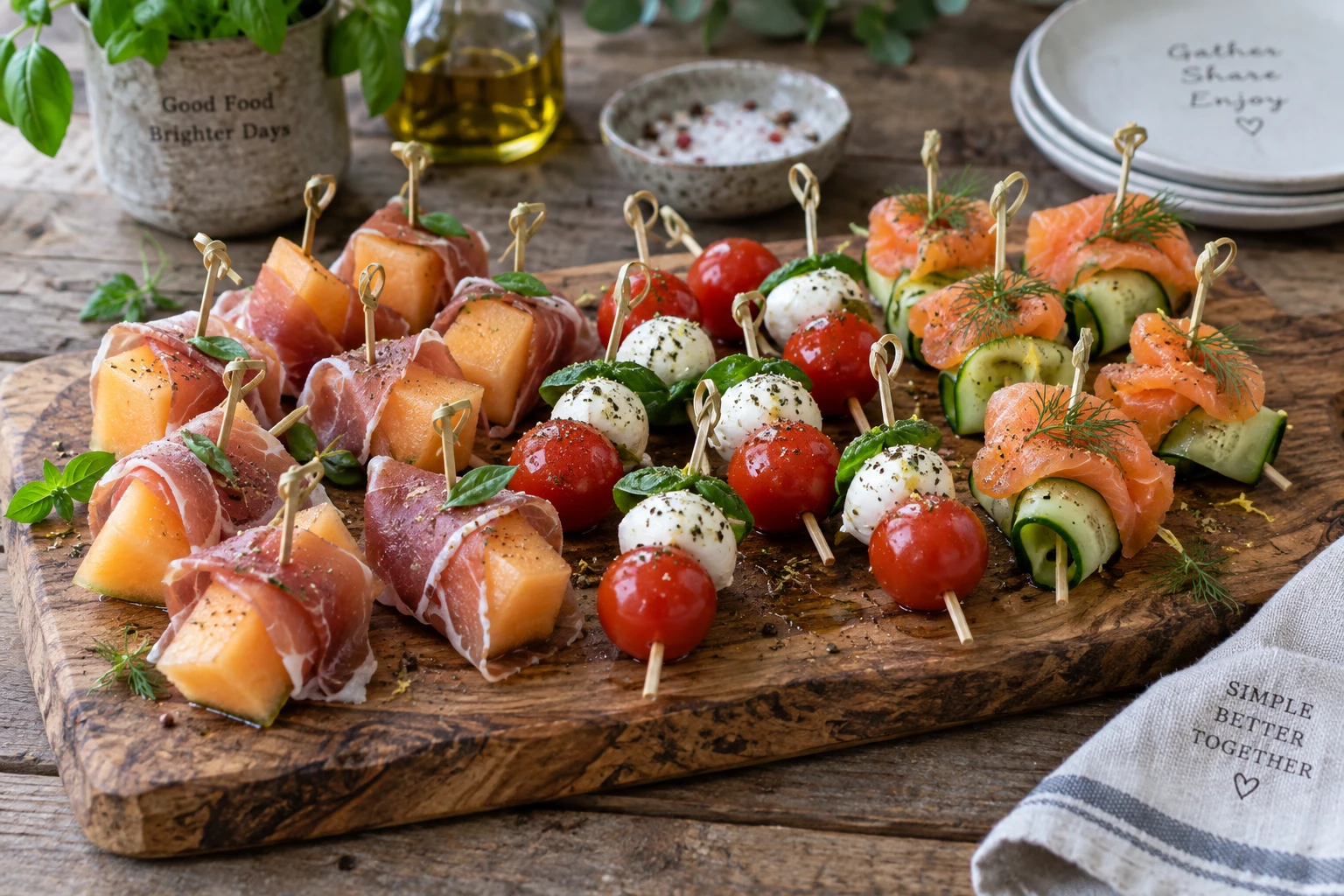 Assortiment de brochettes apéro froides sur planche en bois avec melon jambon cru et saumon fumé
