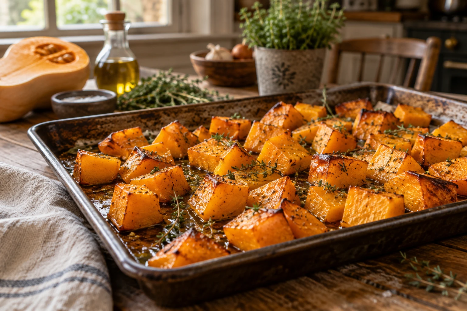 Dés de butternut rôtis et caramélisés sur une plaque de cuisson posée sur une table en bois