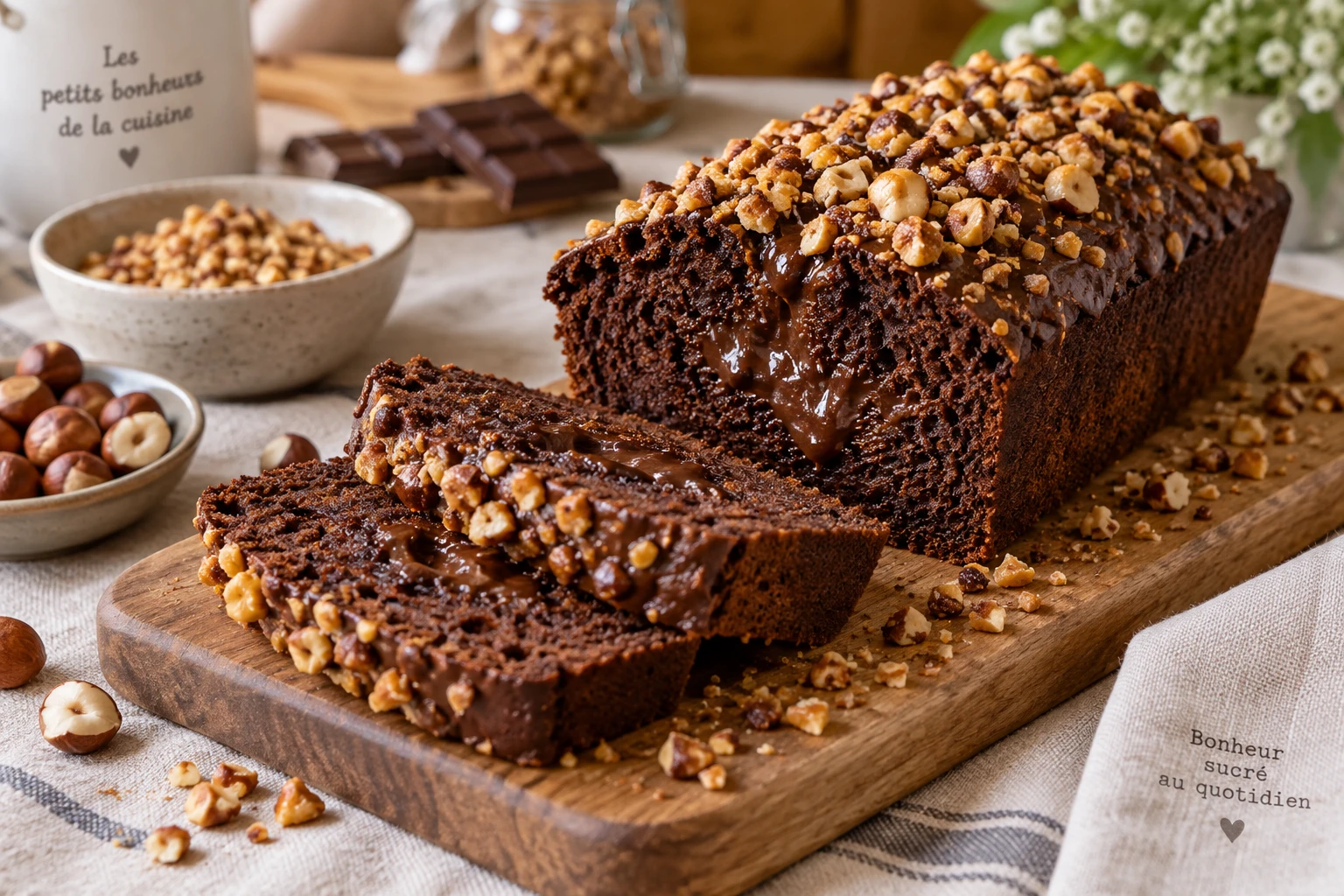 Cake chocolat praliné tranché sur une planche en bois, parsemé d'éclats de pralin