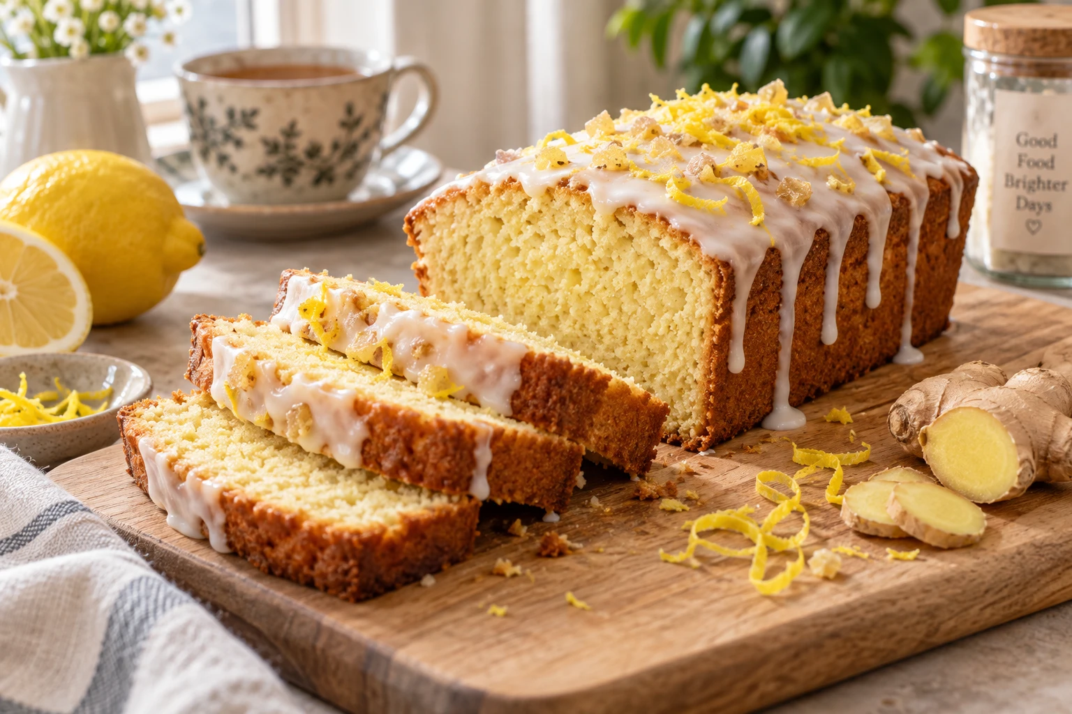 Cake citron gingembre tranché avec glaçage, citrons et gingembre frais sur une planche en bois