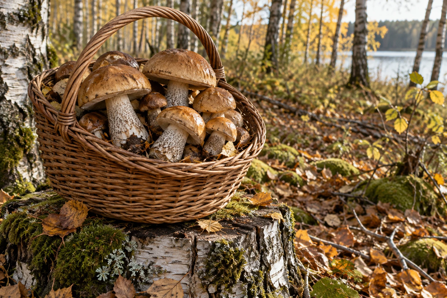 Panier de cèpes des bouleaux fraîchement cueillis en sous-bois près d'un tronc de bouleau