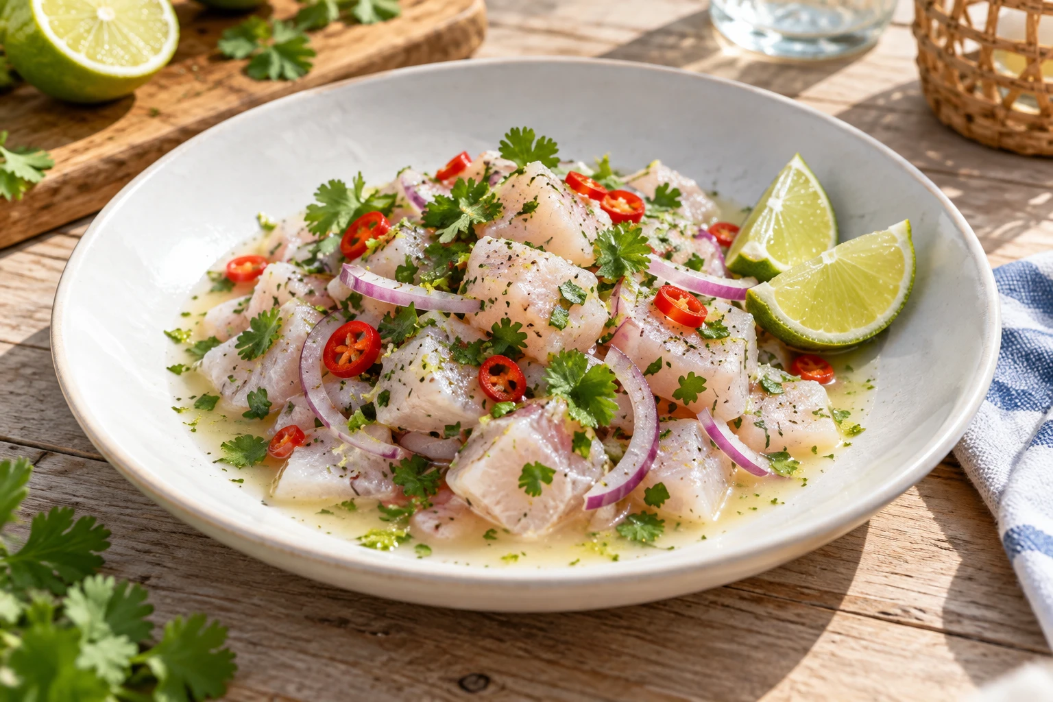 Ceviche de dorade dans une assiette blanche avec citron vert, oignon rouge et coriandre fraîche