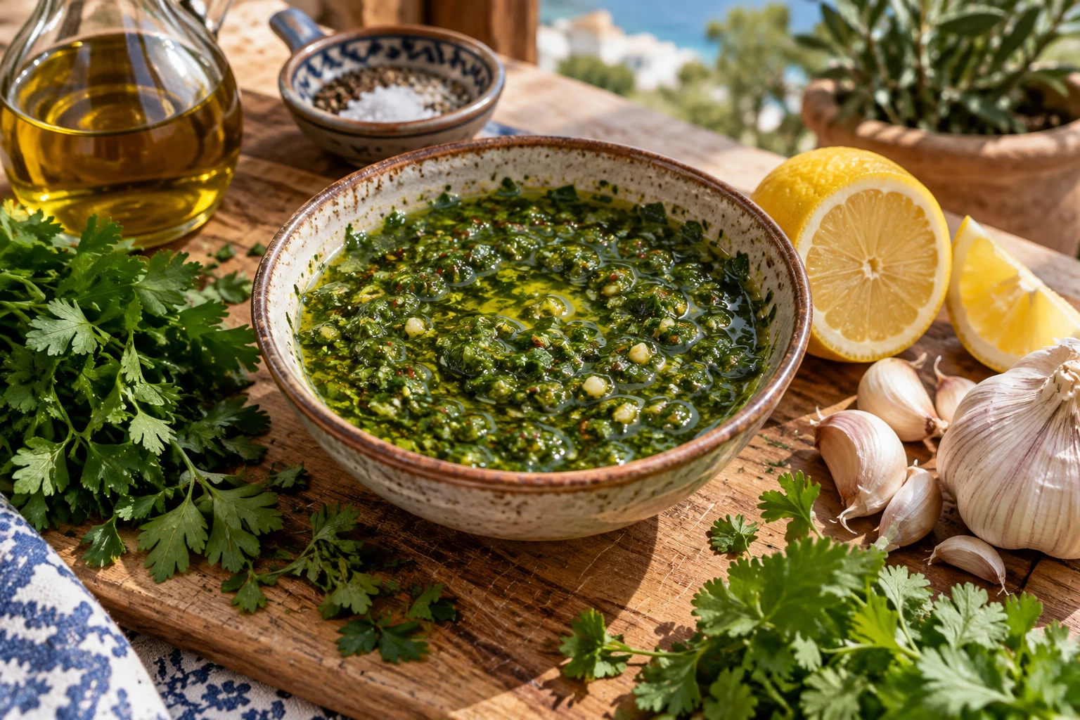 Bol de sauce chamoula maison au persil, coriandre, ail et citron sur planche en bois
