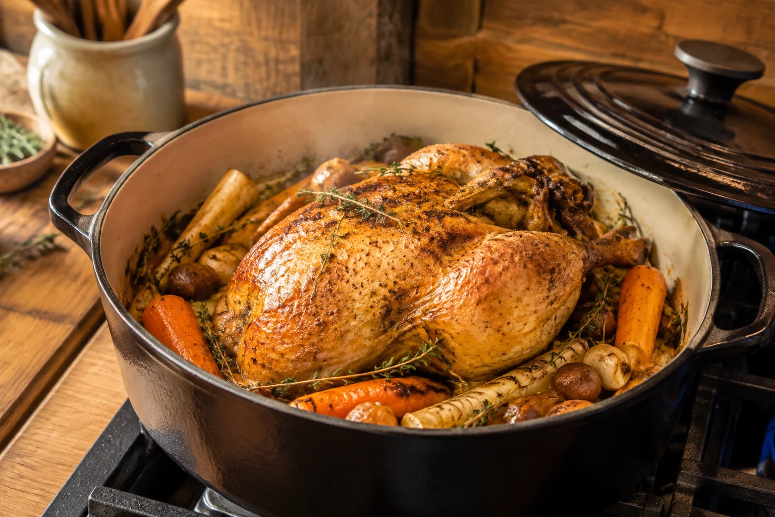 Chapon doré dans une cocotte en fonte avec carottes, panais et marrons sur une plaque de cuisson