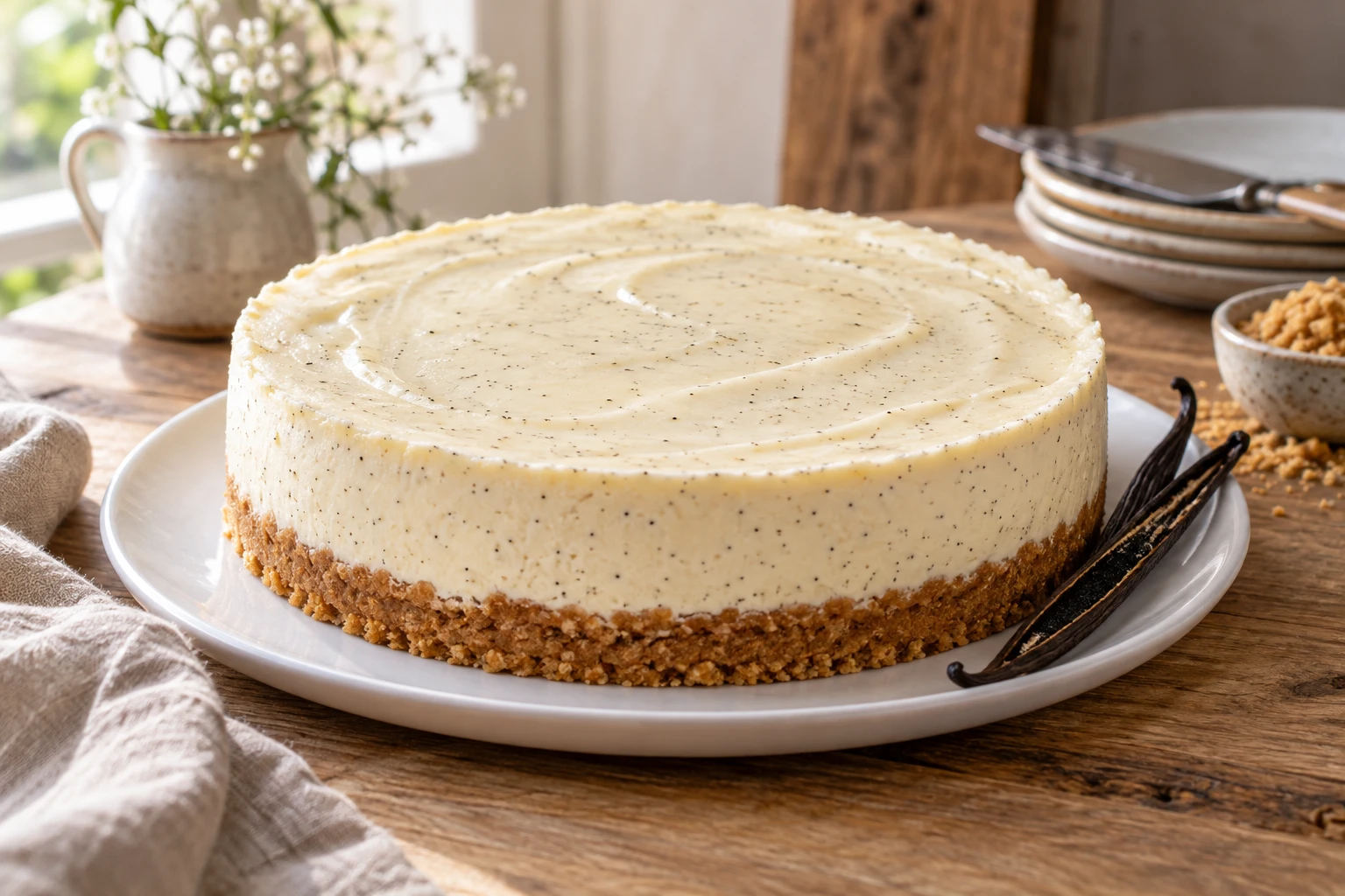 Cheesecake vanille sans cuisson entier avec base biscuitée et graines de vanille visibles