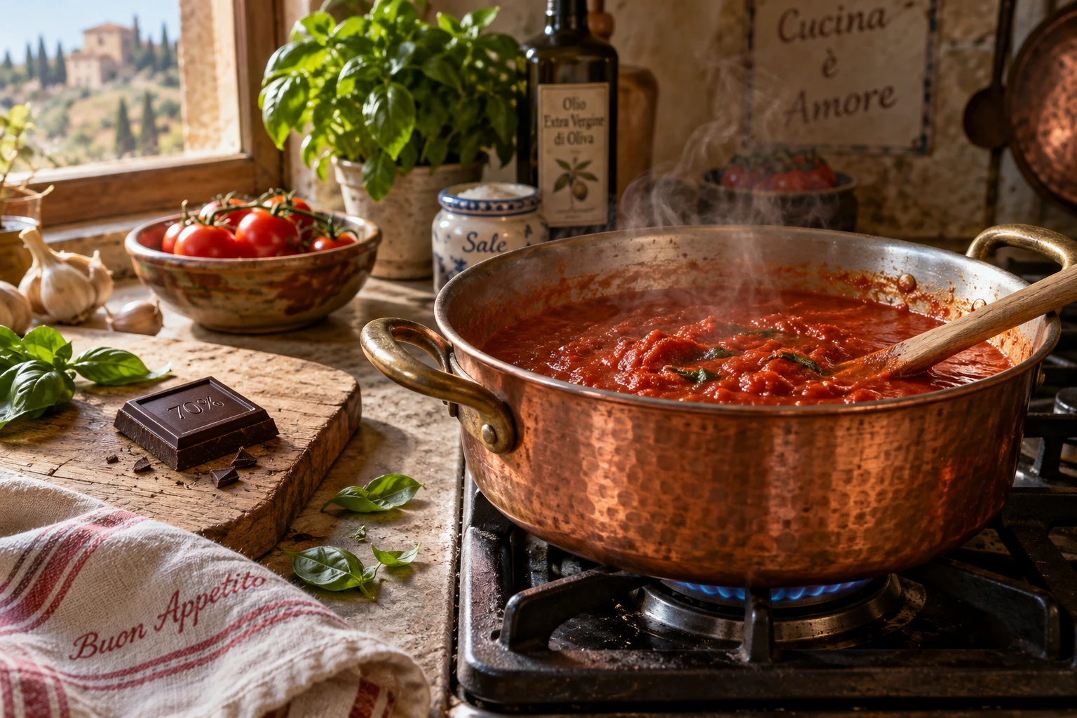 Casserole de sauce tomate maison avec un carré de chocolat noir prêt à être ajouté