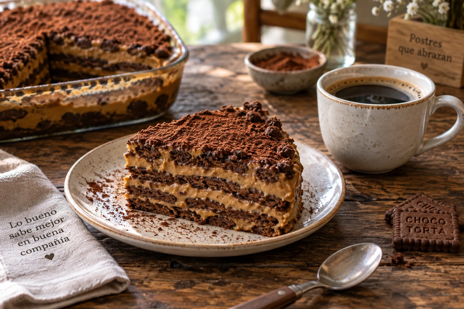 Part de chocotorta avec couches de biscuits chocolatés et crème au dulce de leche servie avec un café
