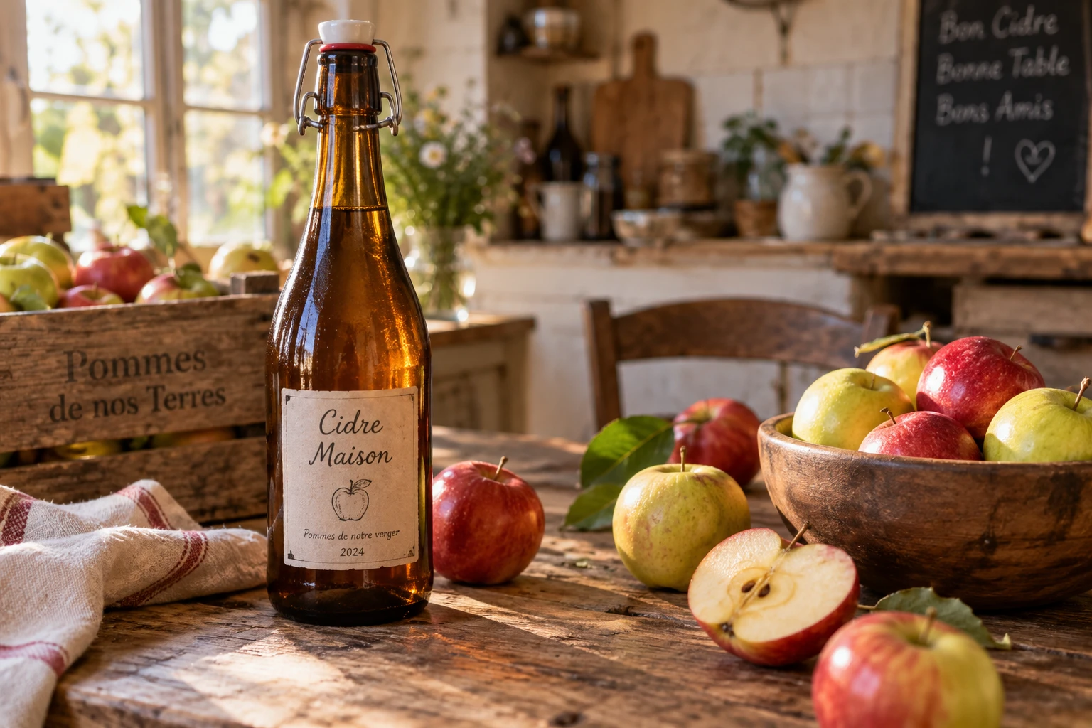 Bouteille de cidre de pomme maison entourée de pommes fraîches sur une table en bois