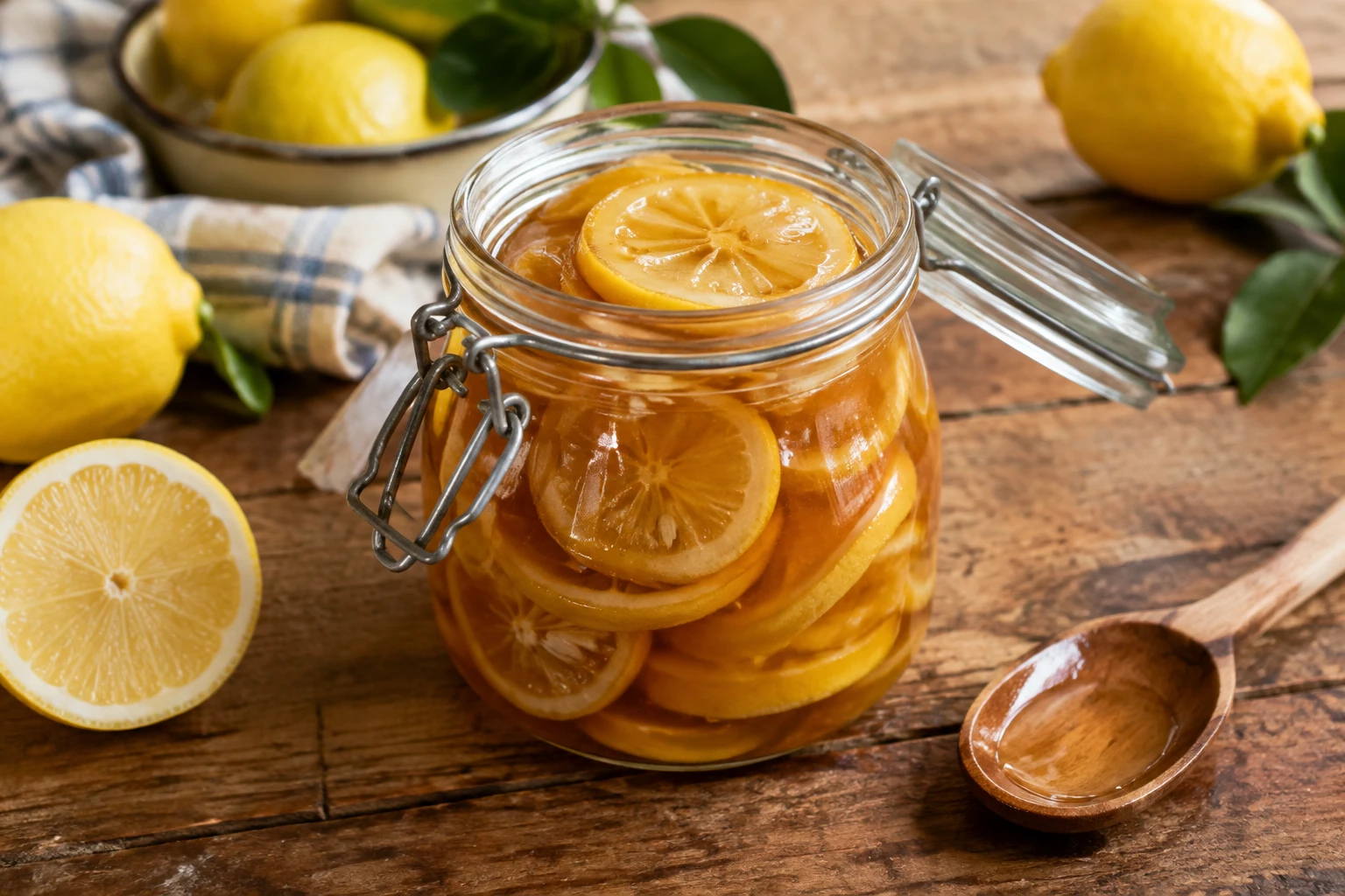 Bocal en verre de citrons confits au sucre dans leur sirop doré, sur une table en bois