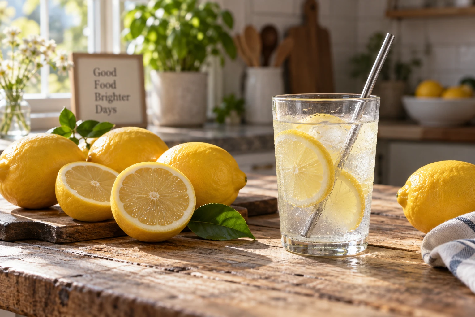 Citrons frais entiers et coupés en deux sur une table en bois avec un verre d'eau citronnée
