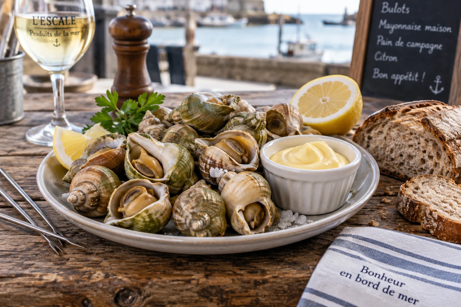 Assiette de bulots cuits servis avec mayonnaise maison et pain de campagne