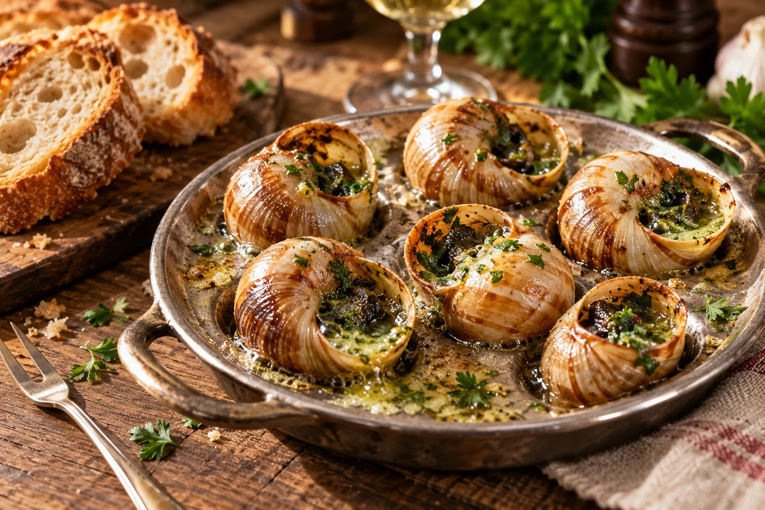 Escargots au beurre persillé fumants dans une escargotière, servis avec du pain de campagne sur une table en bois