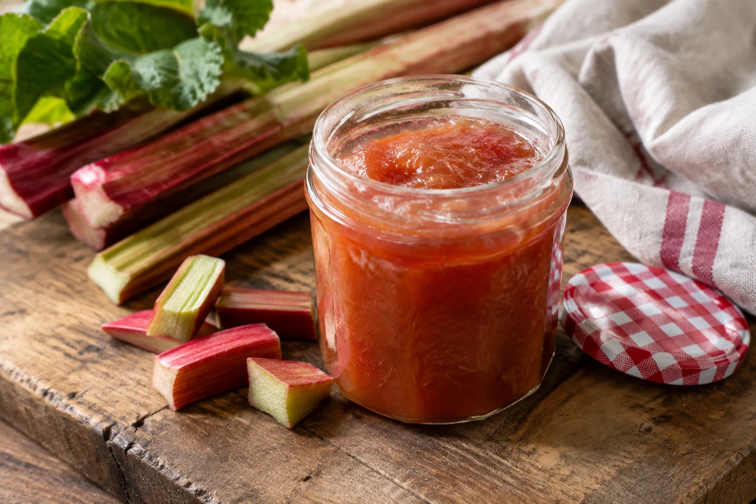 Pot de confiture de rhubarbe maison sur planche en bois avec tiges fraîches à côté