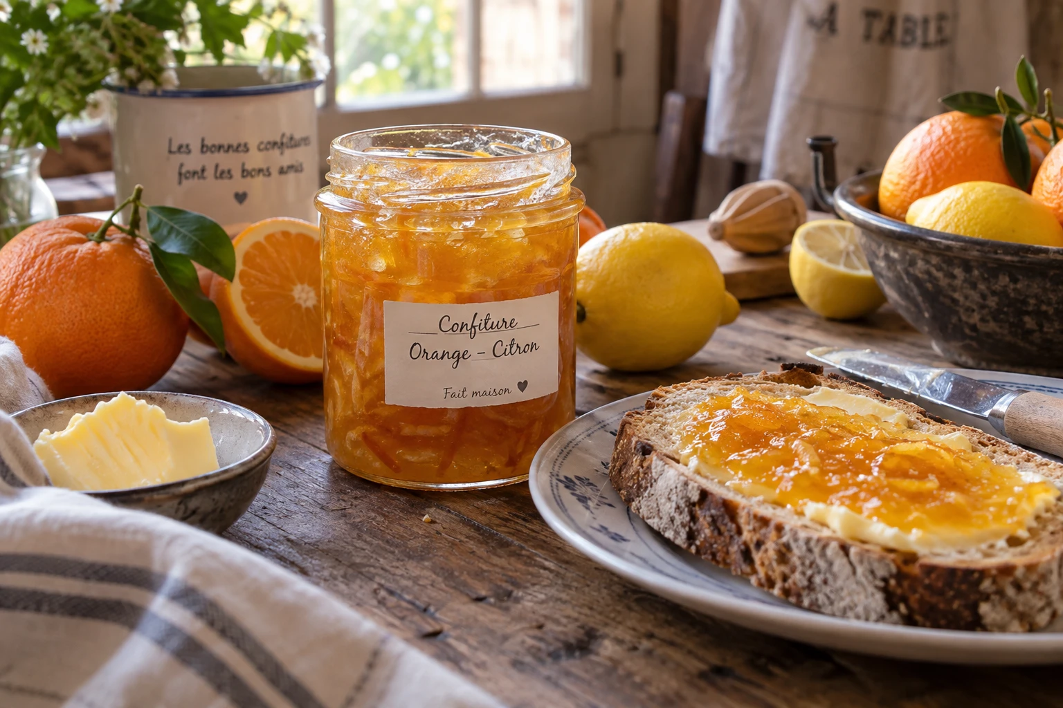 Pot de confiture orange citron maison avec zestes, entouré d'oranges et citrons frais