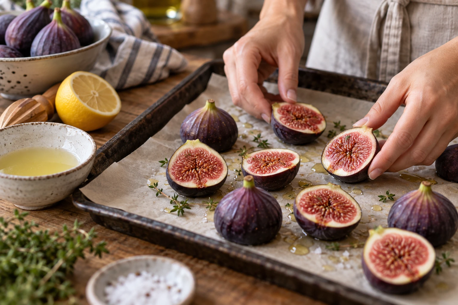 Figues fraîches coupées et entières disposées sur une plaque avant congélation