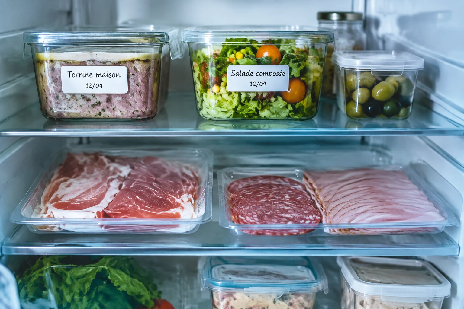 Réfrigérateur ouvert avec terrine, charcuterie et salade composée rangées dans des contenants hermétiques