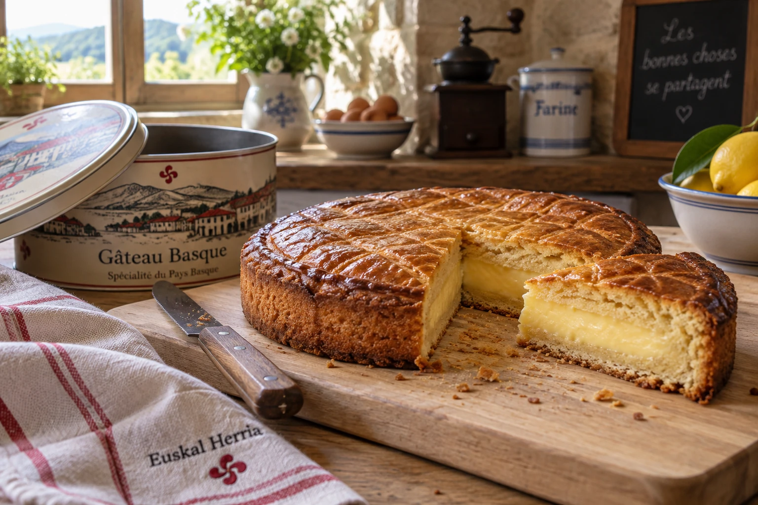 Gâteau basque entamé sur une planche en bois avec une boîte métallique de conservation