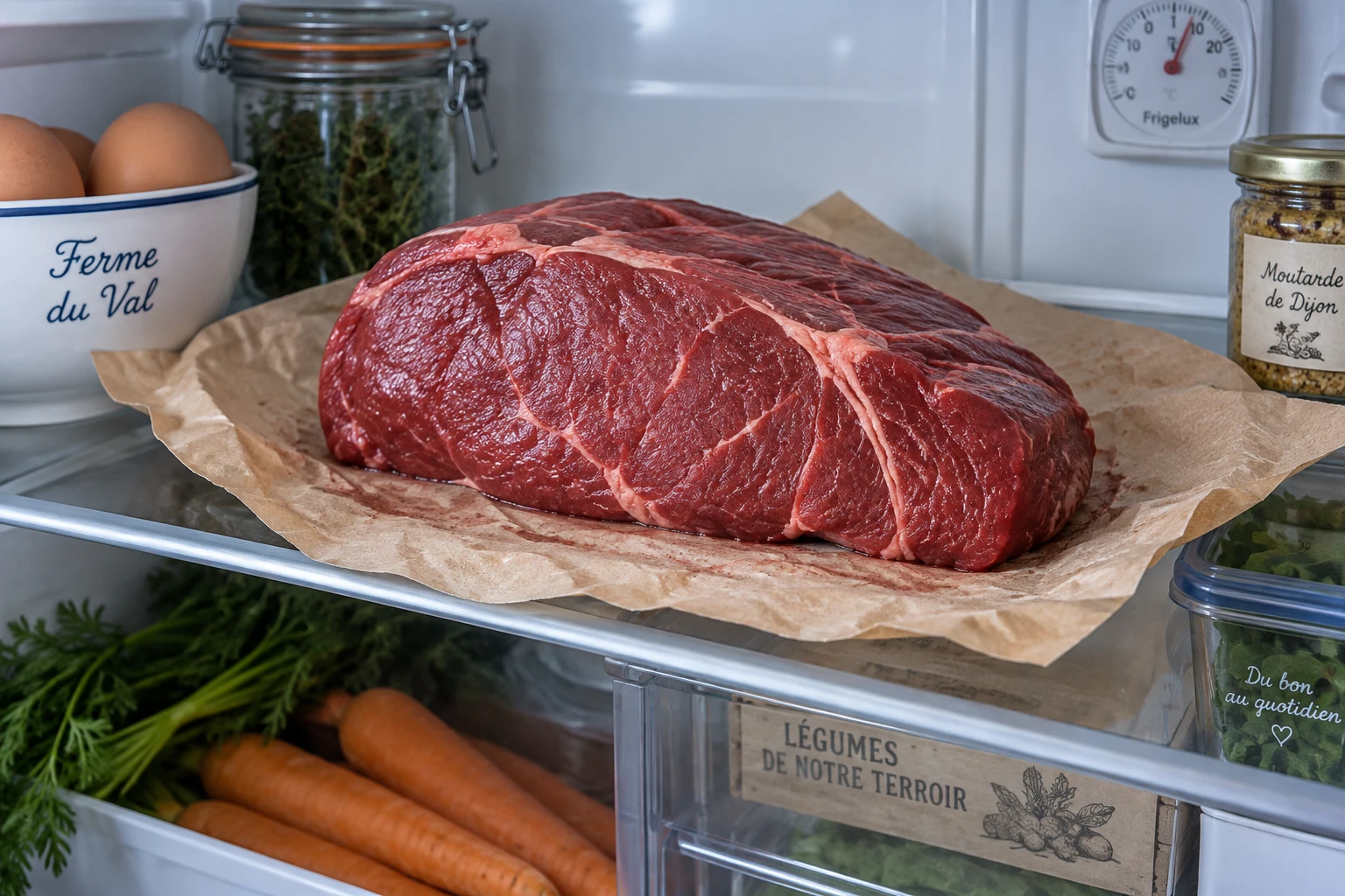 Pavé de bœuf cru sur papier boucher dans un réfrigérateur avec thermomètre