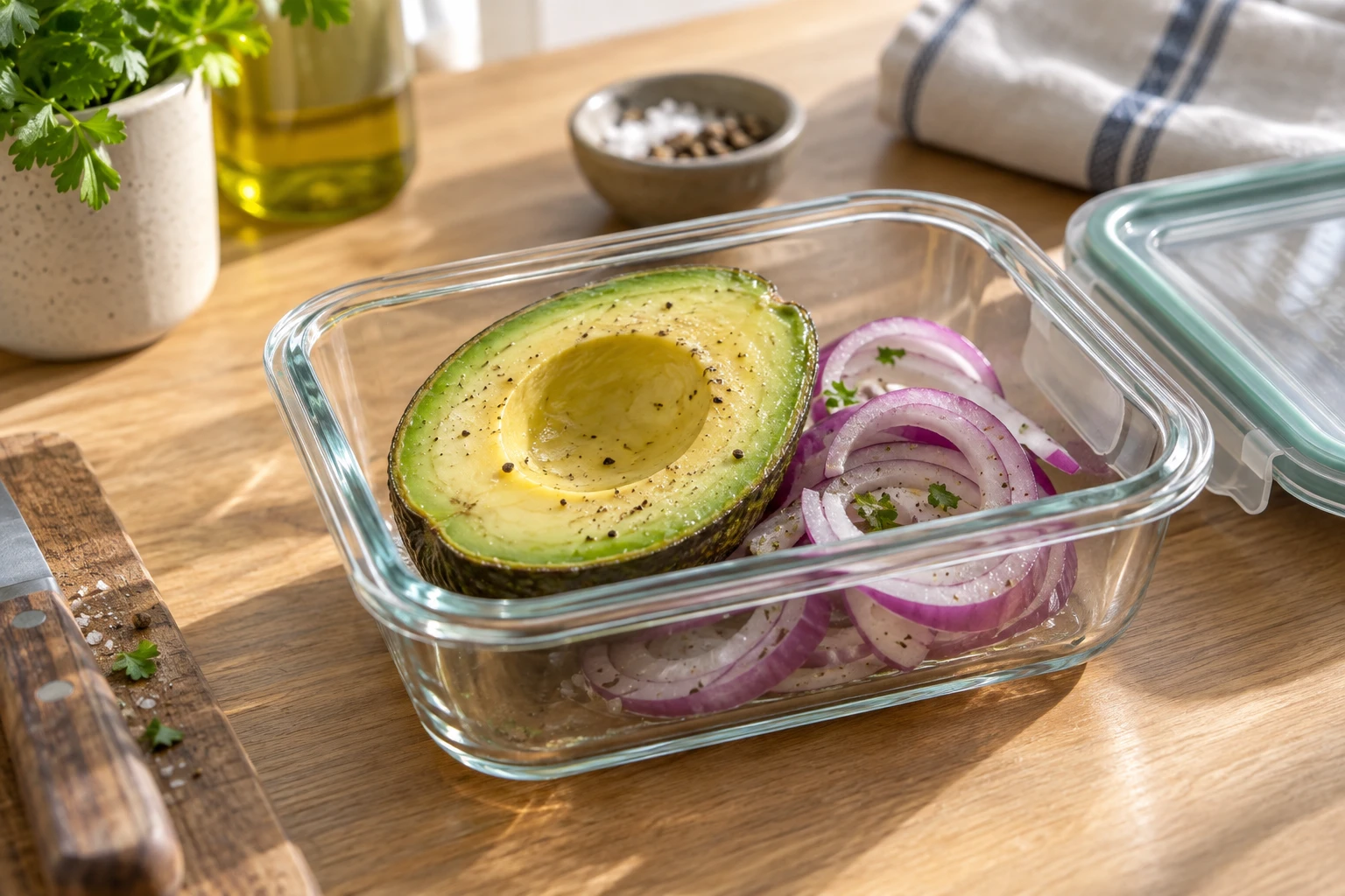 Demi-avocat frais conservé dans une boîte hermétique en verre avec des rondelles d'oignon