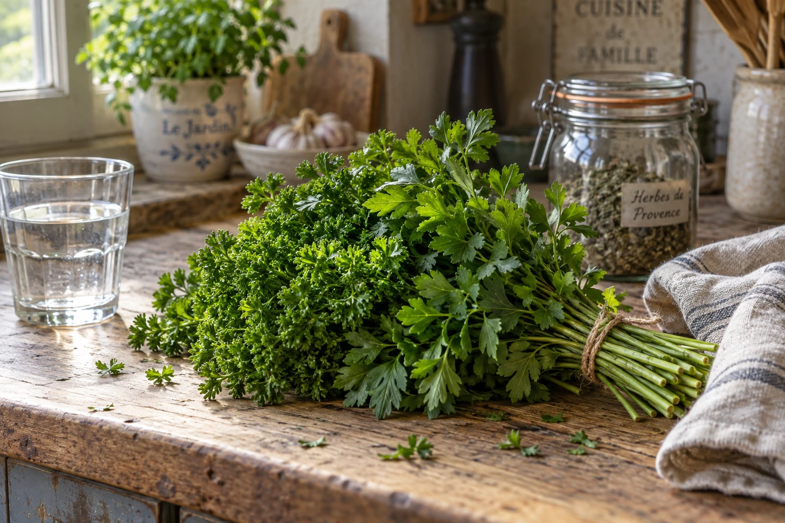 Bouquet de persil frais dans un verre d'eau sur un plan de travail en bois avec bocal de conservation