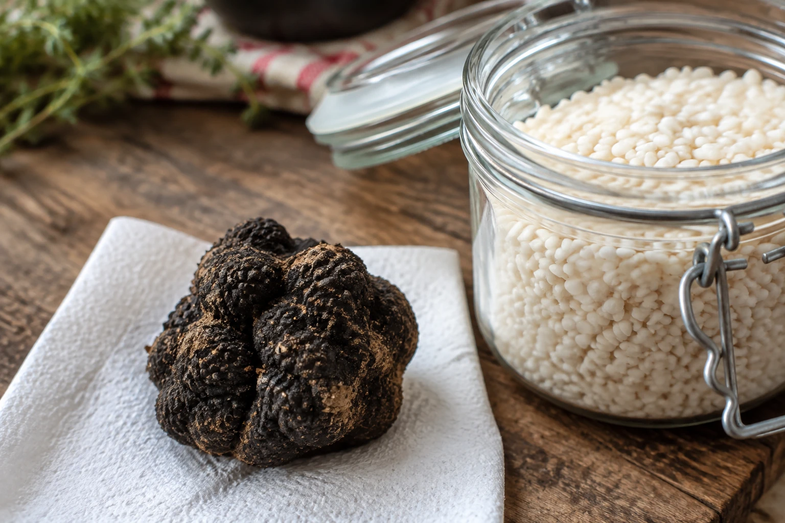 Truffe noire fraîche sur papier absorbant près d'un bocal de riz pour sa conservation