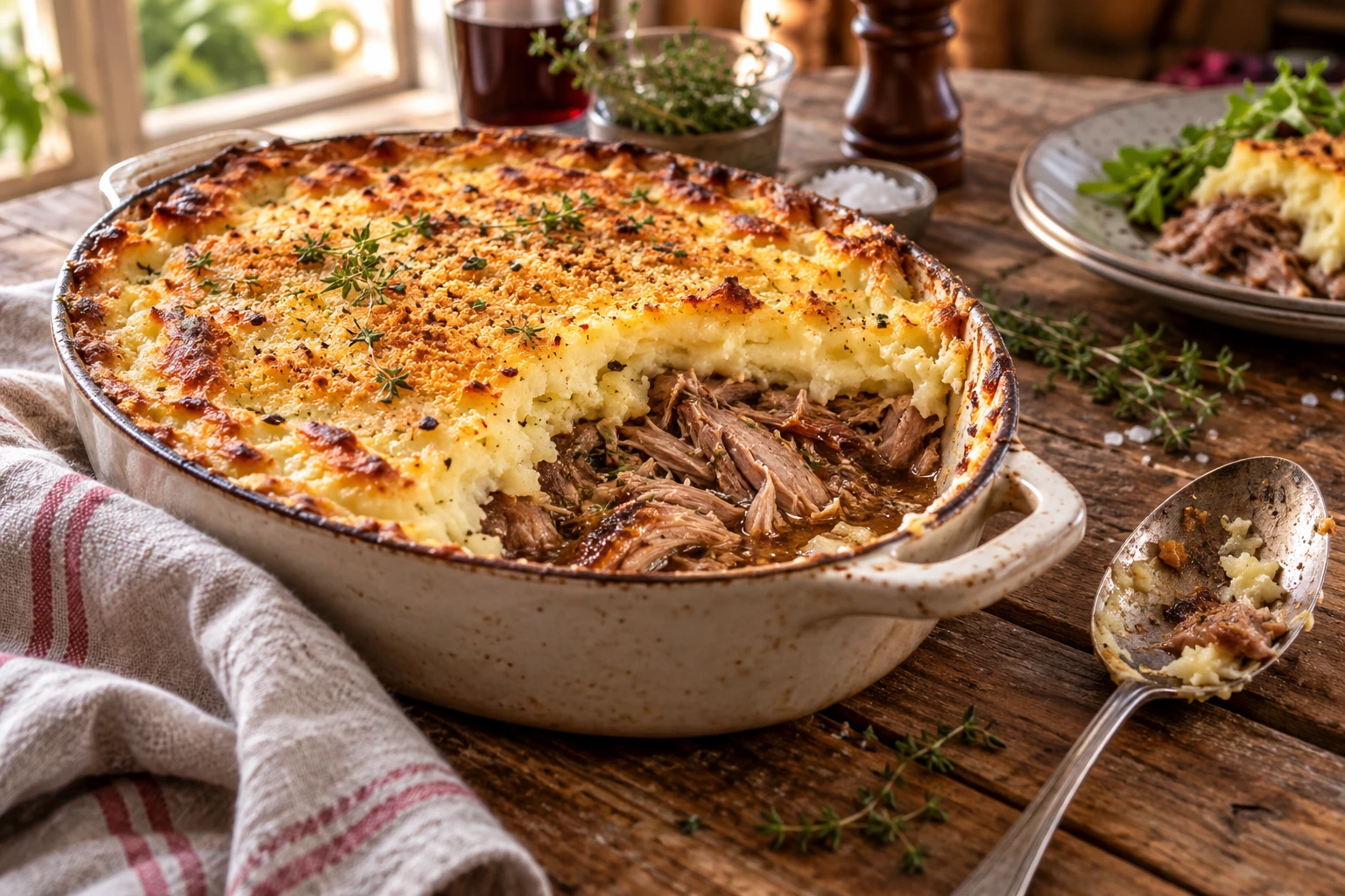 Part de parmentier de canard découpée montrant l'effiloché moelleux sous une purée dorée, dans un plat en céramique