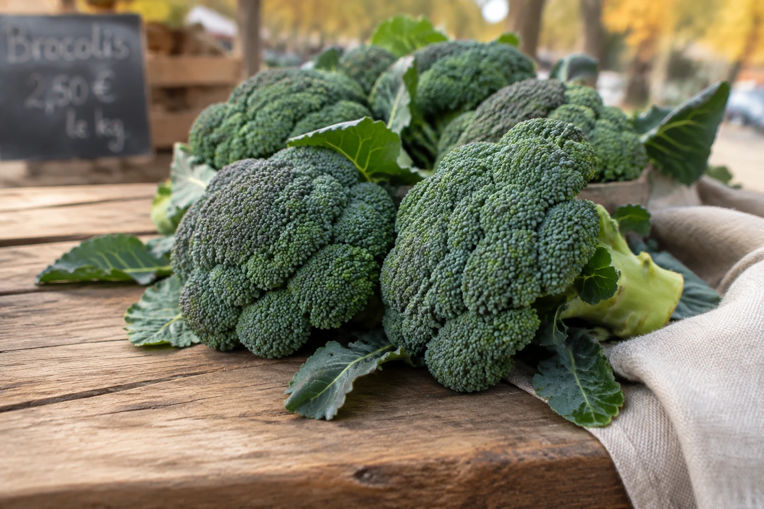 Brocolis frais de saison aux bouquets serrés sur une table en bois rustique