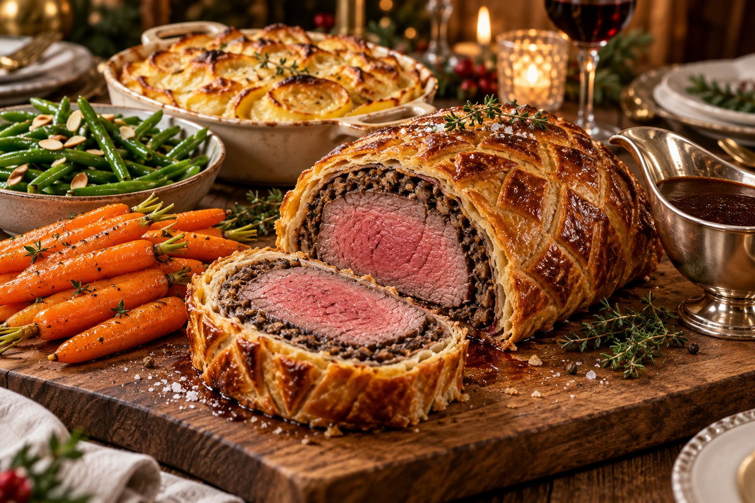 Bœuf Wellington tranché avec gratin, carottes glacées et haricots verts sur une table de fête