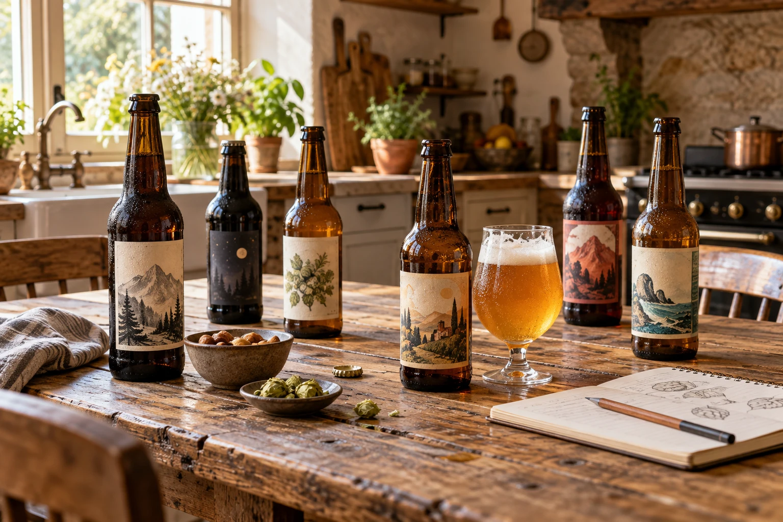 Bouteilles de bière sur une table en bois avec un verre et un carnet de notes pour tester une bière périmée