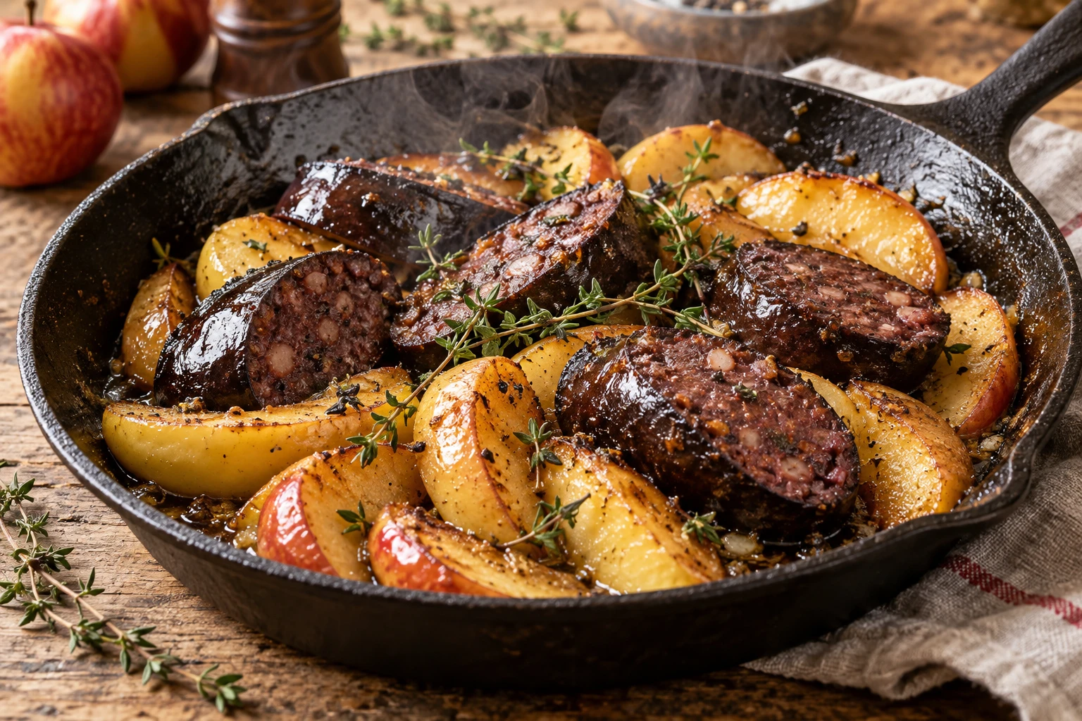Boudin noir poêlé tranché avec quartiers de pommes dorées au beurre dans une poêle en fonte
