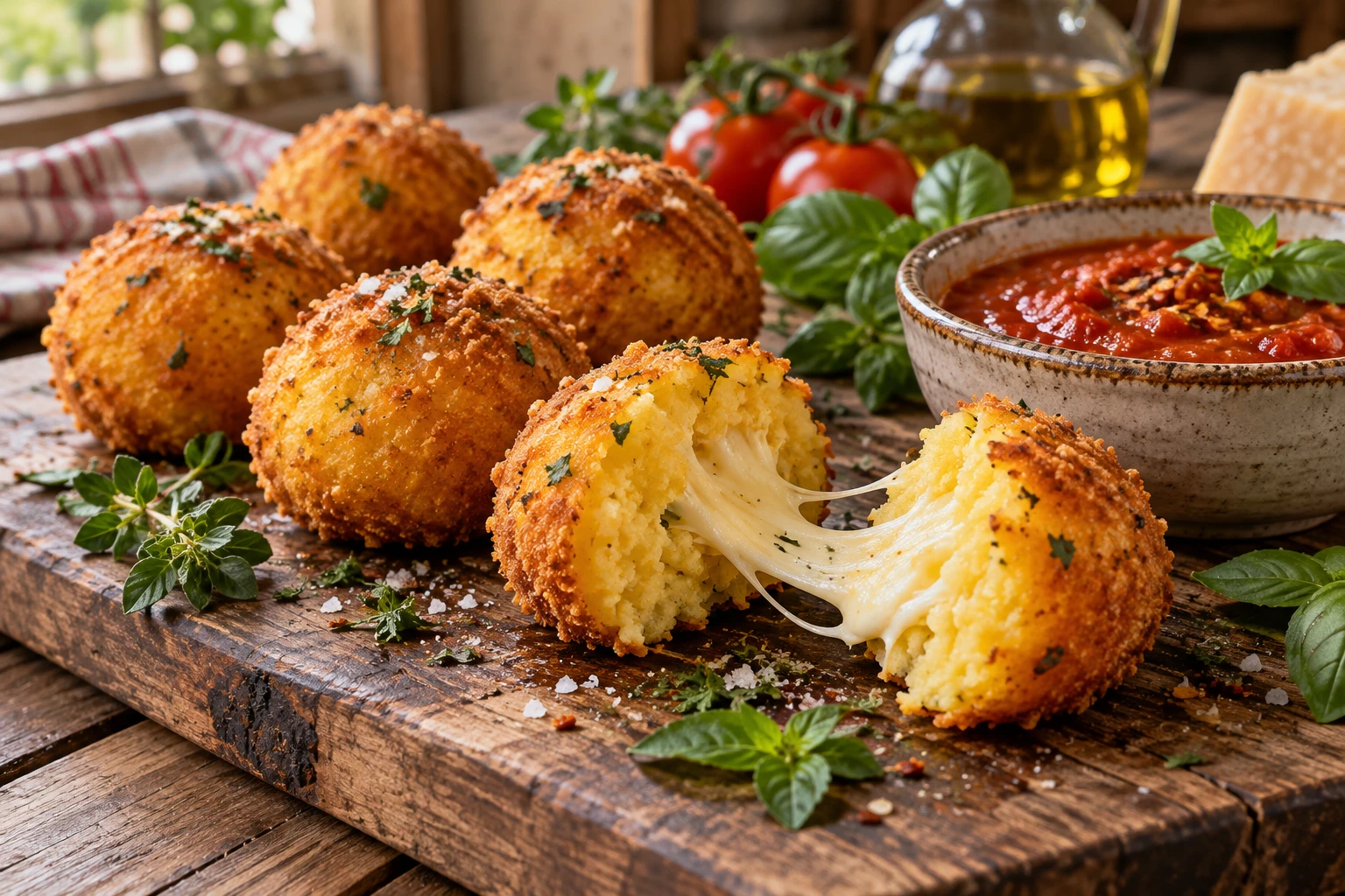 Boules de polenta dorées, l'une ouverte sur un cœur de fromage fondu, servies avec une sauce tomate épicée
