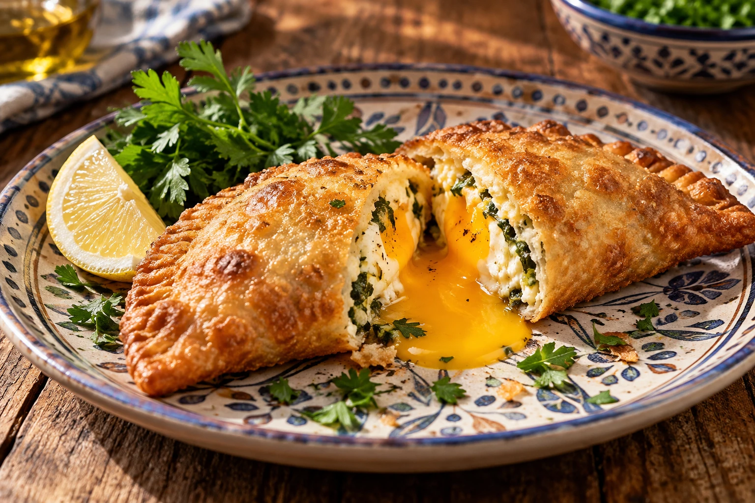 Brick tunisienne à l'œuf dorée, jaune coulant, servie avec un quartier de citron