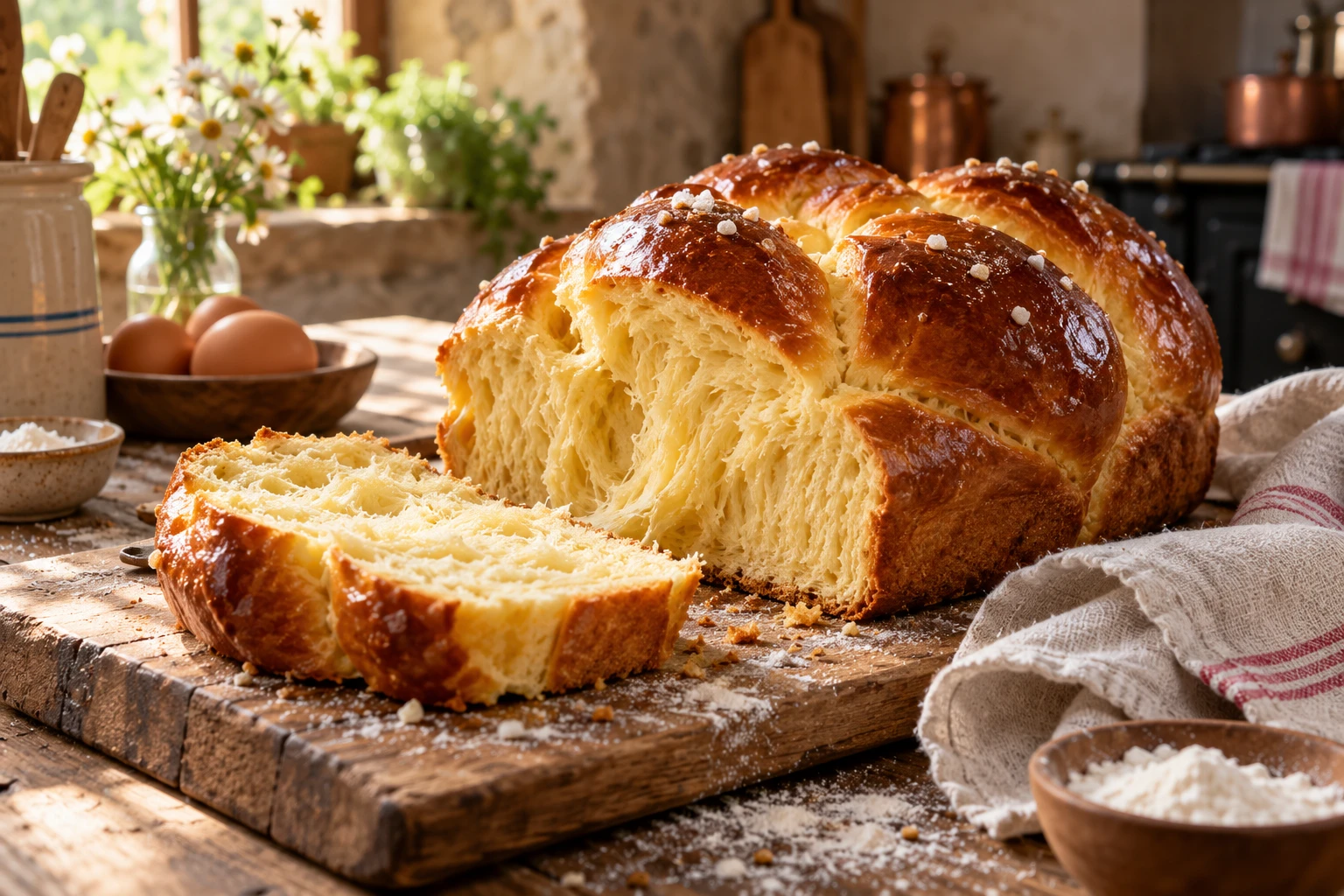Brioche maison dorée en tranches sur une planche en bois dans une cuisine rustique