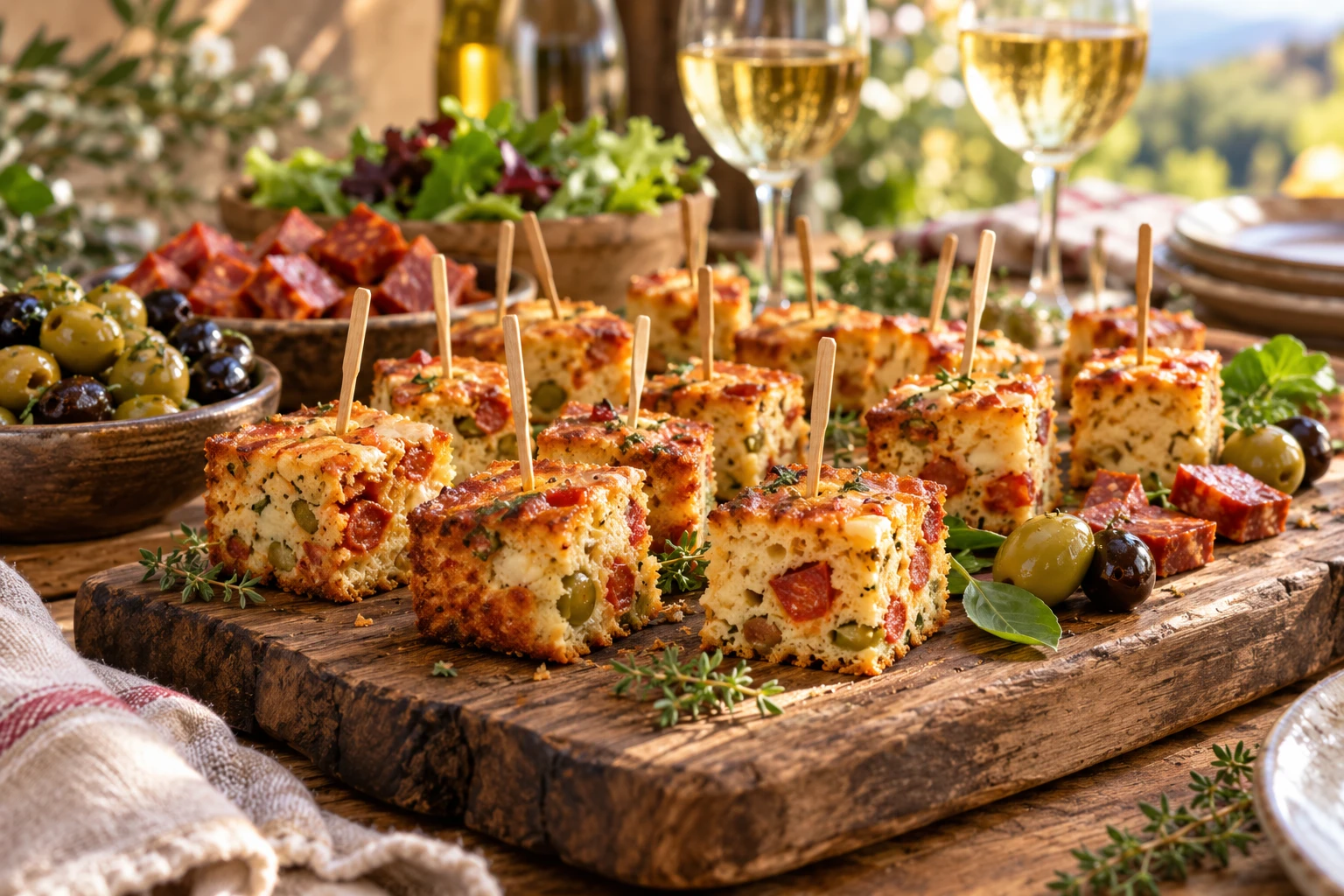 Cake salé coupé en cubes sur une planche en bois avec olives, chorizo et verres de vin pour l'apéritif