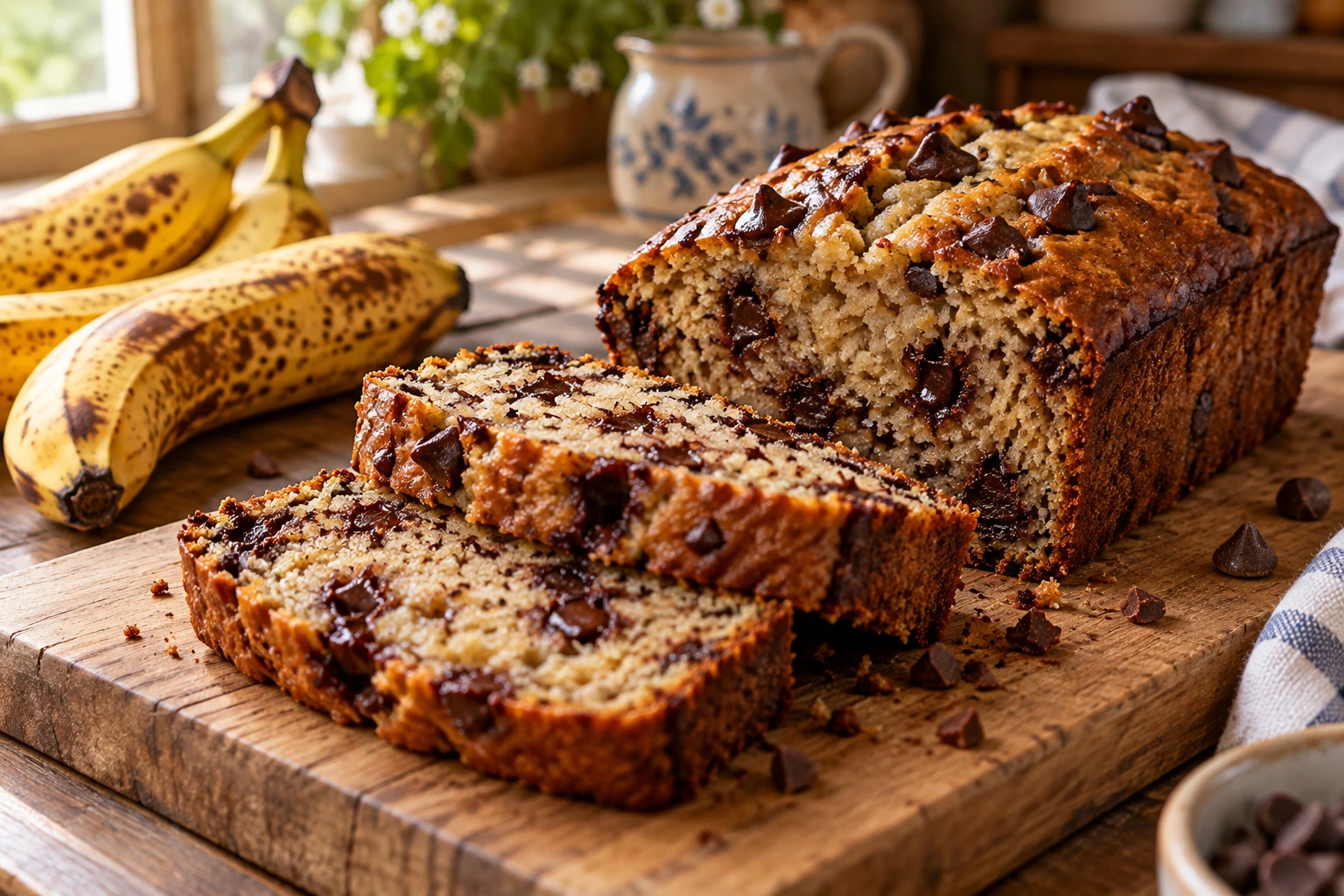 Cake banane chocolat sans beurre tranché sur une planche en bois avec des bananes mûres