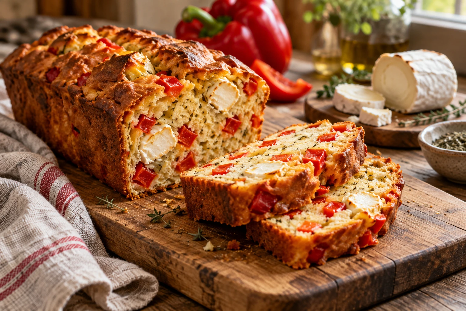Cake au poivron et au chèvre tranché sur une planche en bois, mie moelleuse et dés de poivron rouge