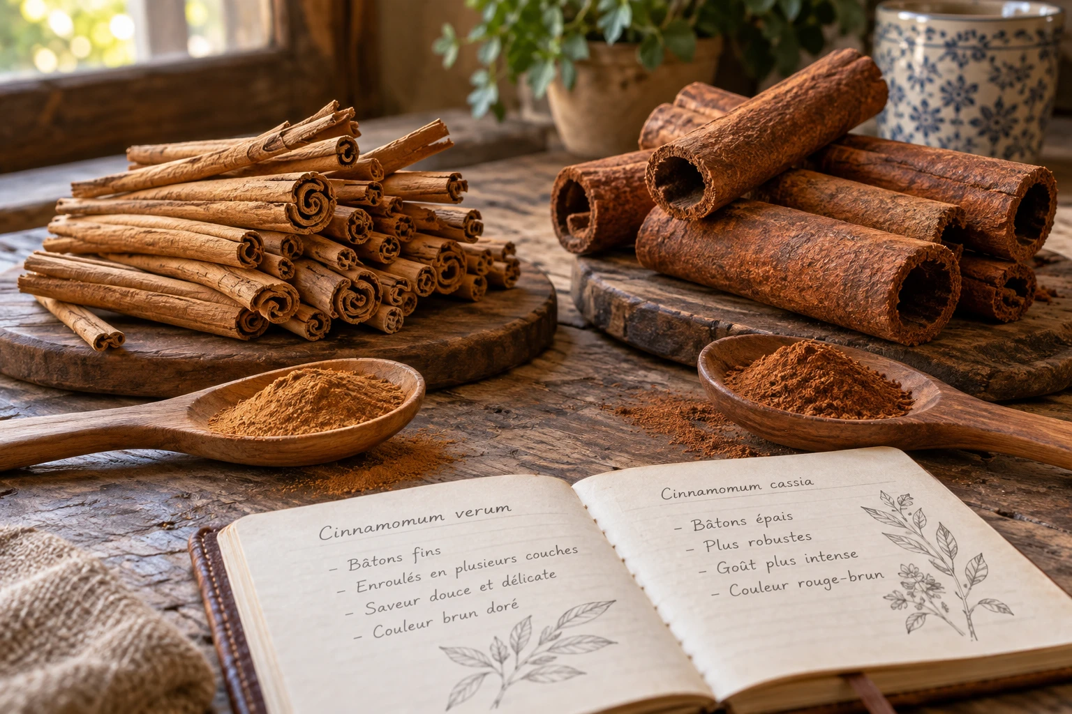 Bâtons de cannelle de Ceylan fins et bâtons de cassia épais posés côte à côte sur une table en bois