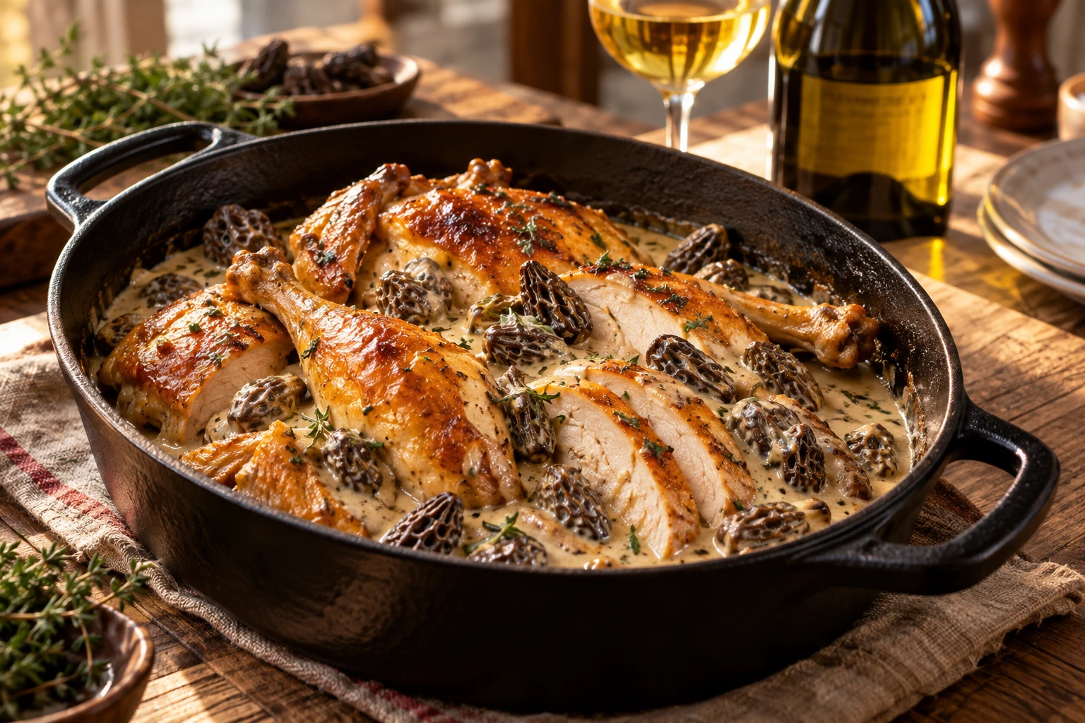 Chapon au vin jaune et aux morilles nappé de sauce crémeuse dans une cocotte, avec une bouteille de vin jaune