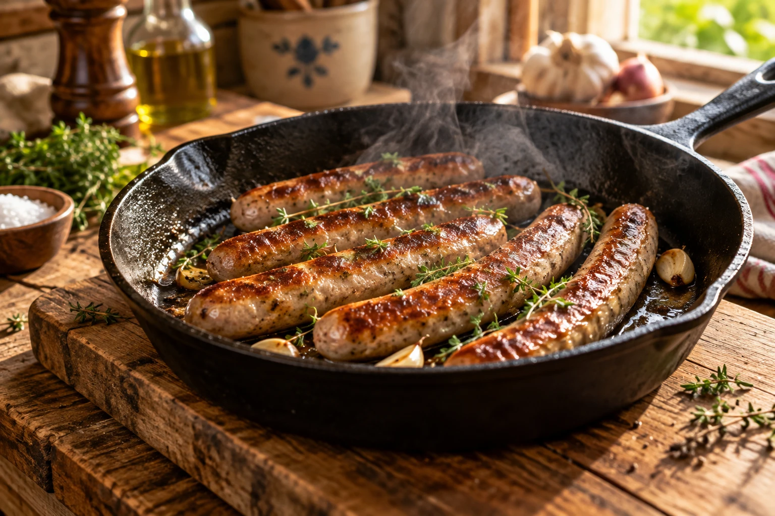 Chipolatas dorées dans une poêle en fonte sur une table en bois rustique