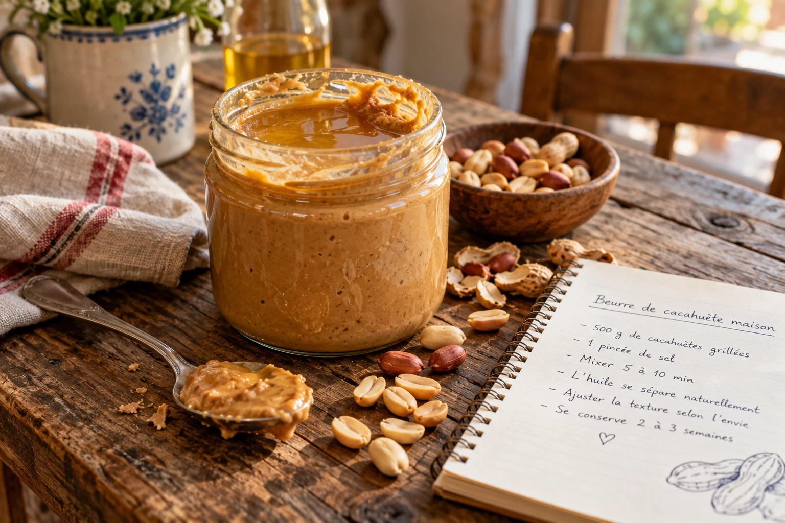 Pot de beurre de cacahuète ouvert sur une table en bois avec cacahuètes et carnet de notes