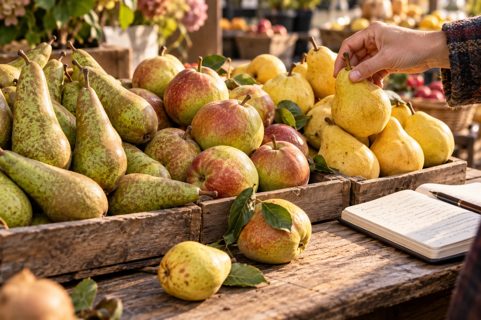Main testant la maturité d'une poire près de la queue parmi des variétés sur un étal de marché