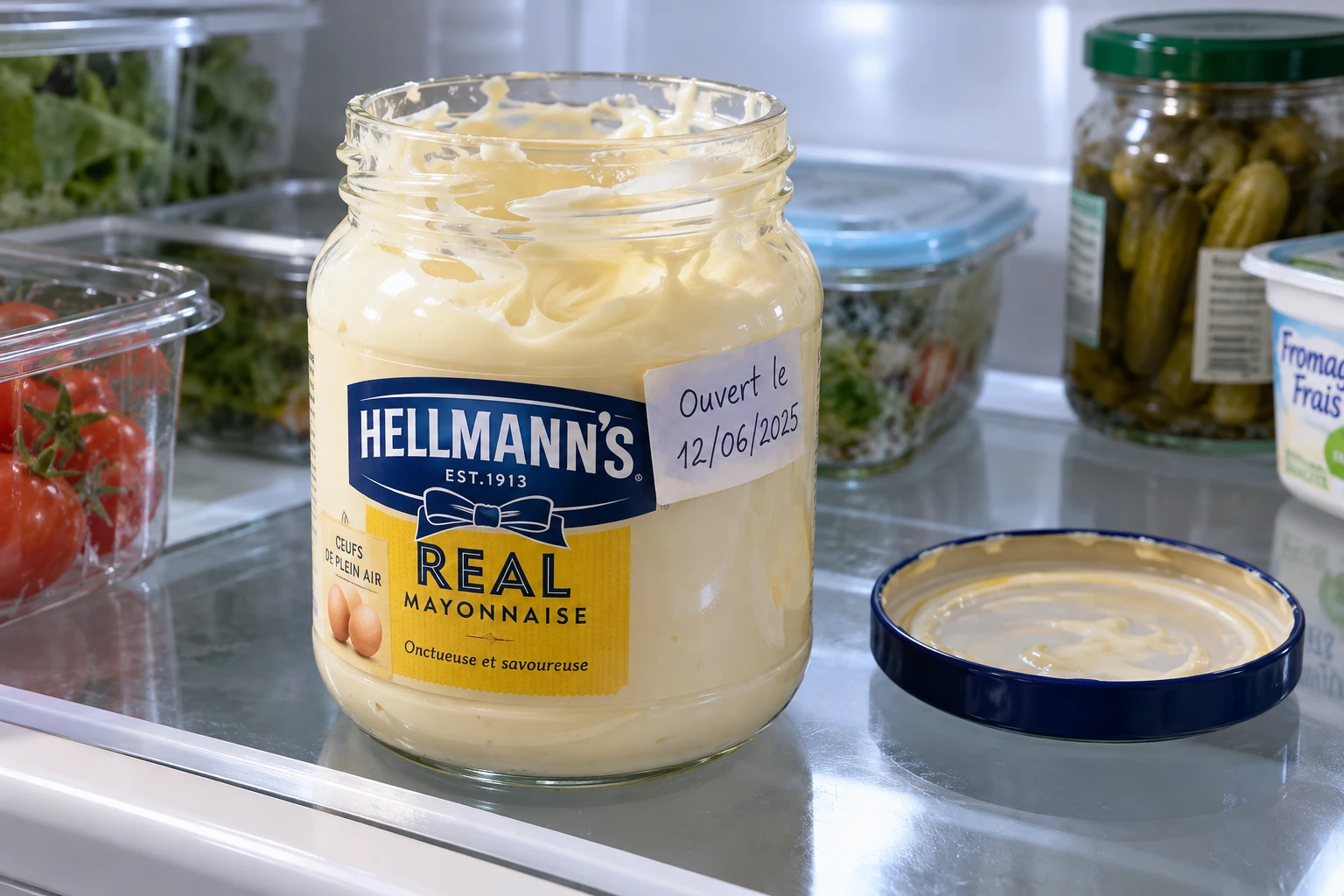 Pot de mayonnaise ouvert rangé sur une étagère de frigo avec la date d'ouverture notée sur le couvercle