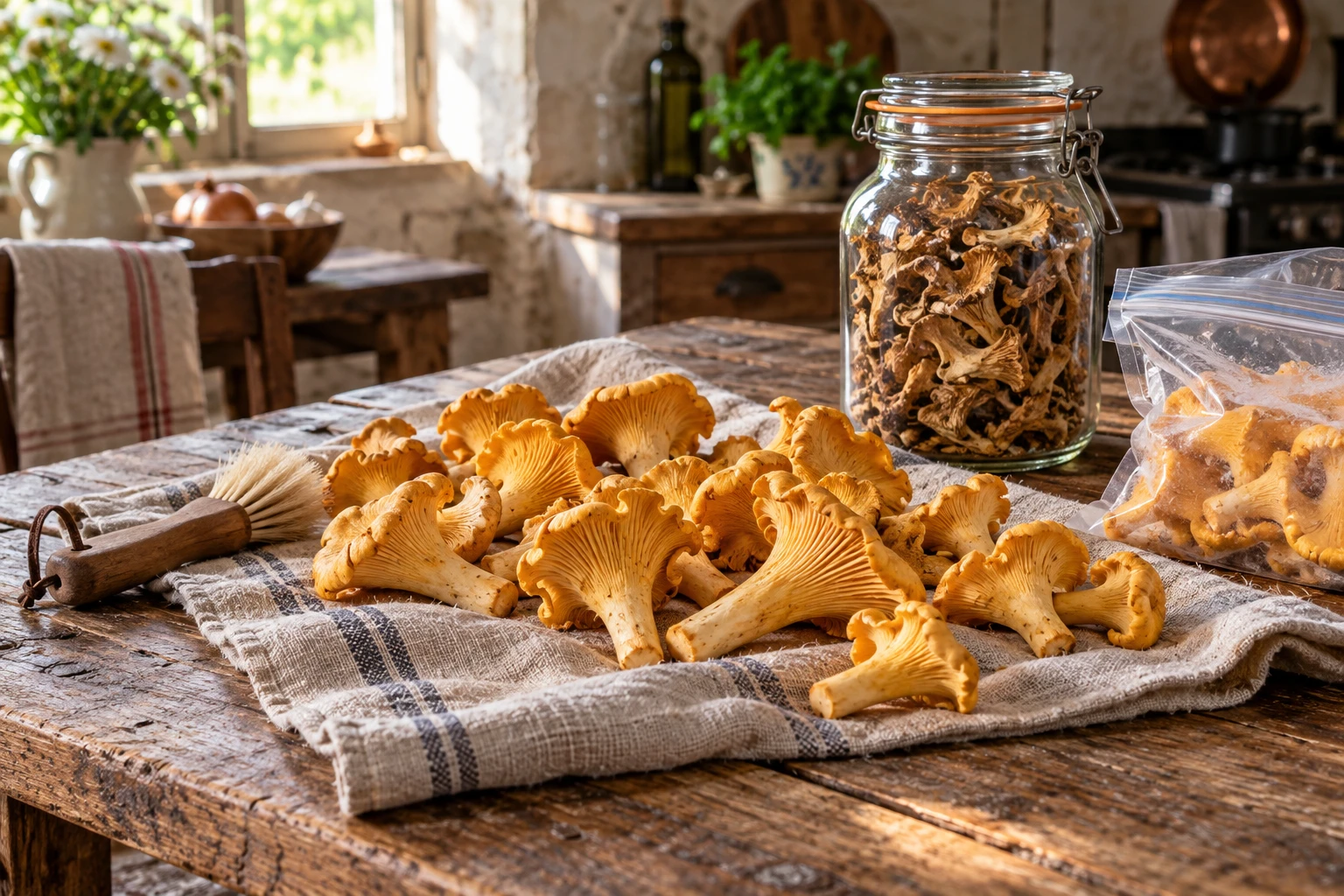 Girolles fraîches brossées sur un torchon en lin, avec bocal de girolles séchées et sachet de congélation sur une table en bois