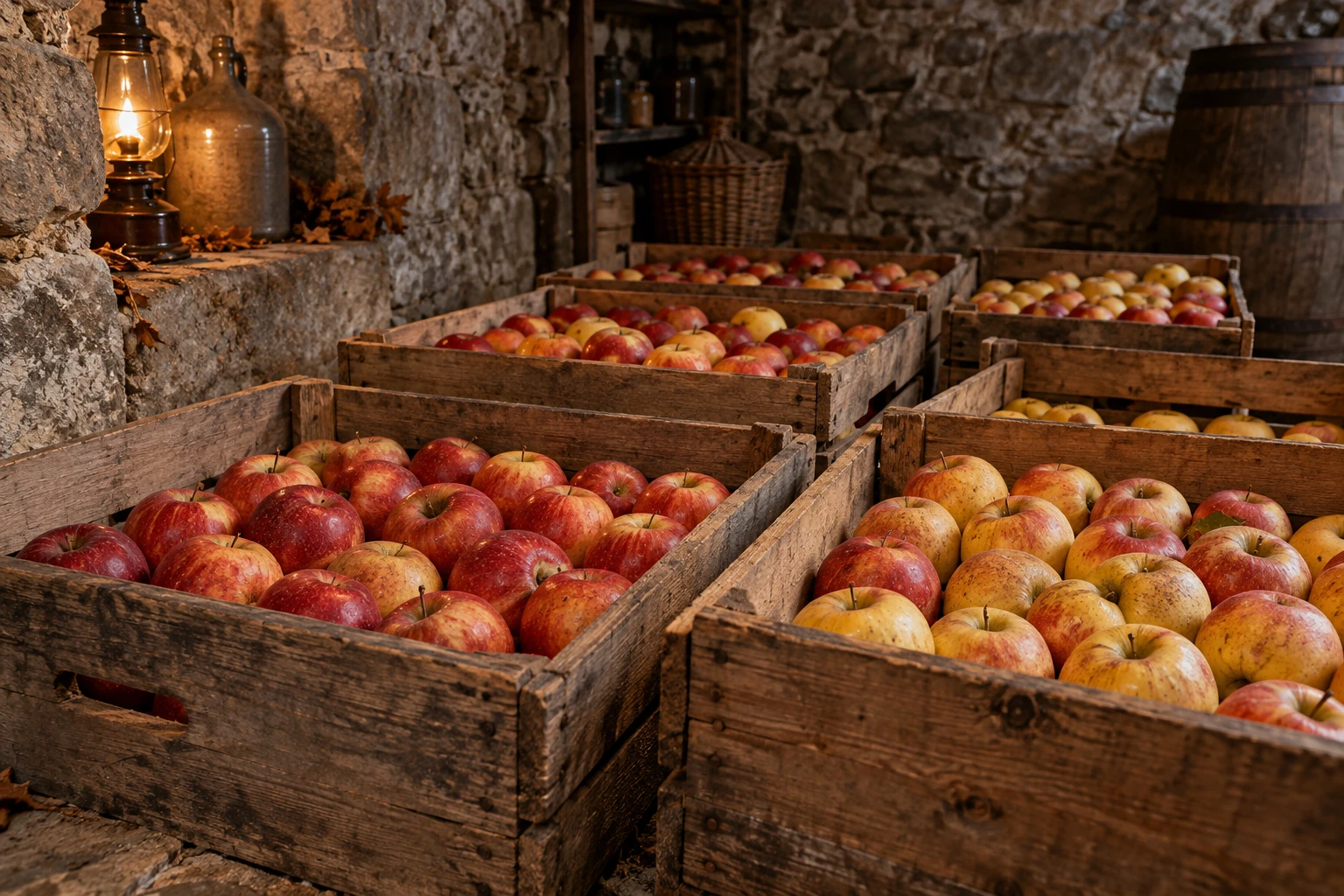 Caisses en bois de pommes rangées en une couche dans une cave en pierre fraîche