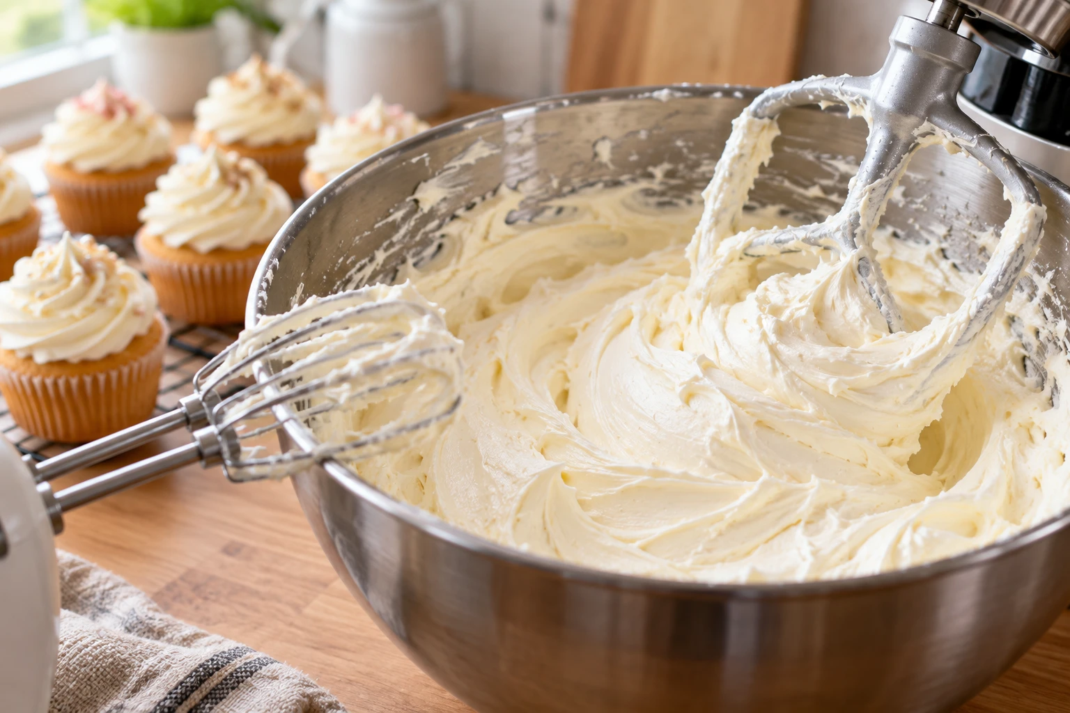 Crème au beurre russe lisse dans un saladier avec cupcakes décorés à la douille sur un plan de travail en bois