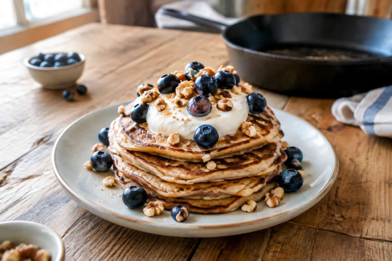 Pile de crêpes protéinées au skyr, myrtilles et noix sur une table en bois