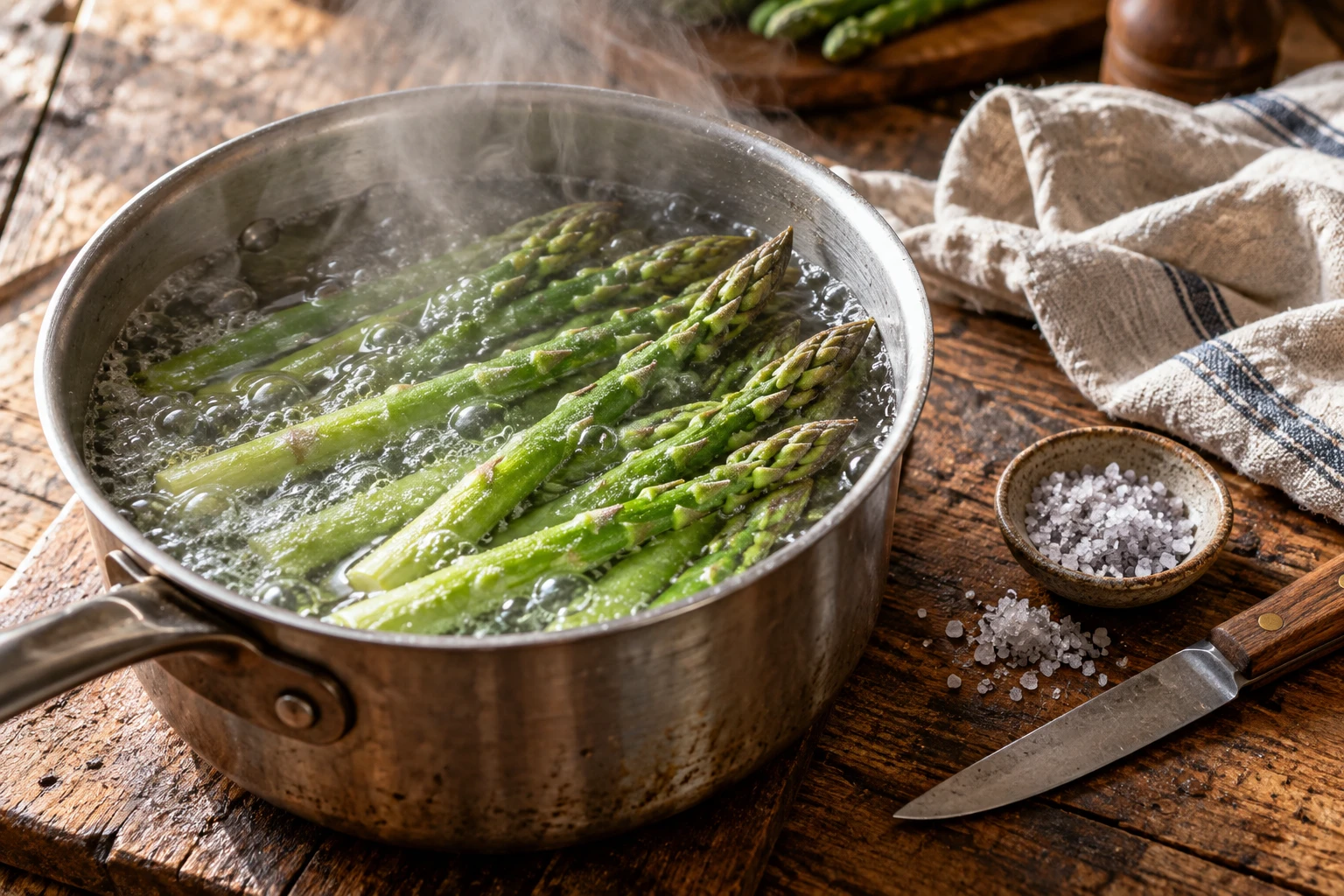 Asperges vertes congelées plongées dans une casserole d'eau bouillante sur un plan de travail en bois