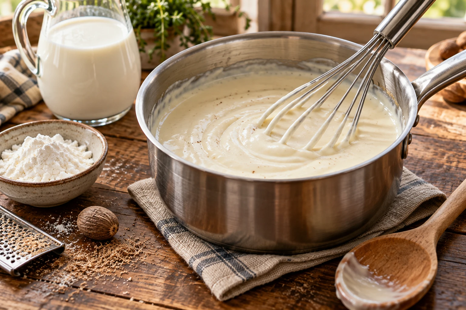 Béchamel lisse fouettée dans une casserole, avec fécule, muscade et lait sur une table en bois