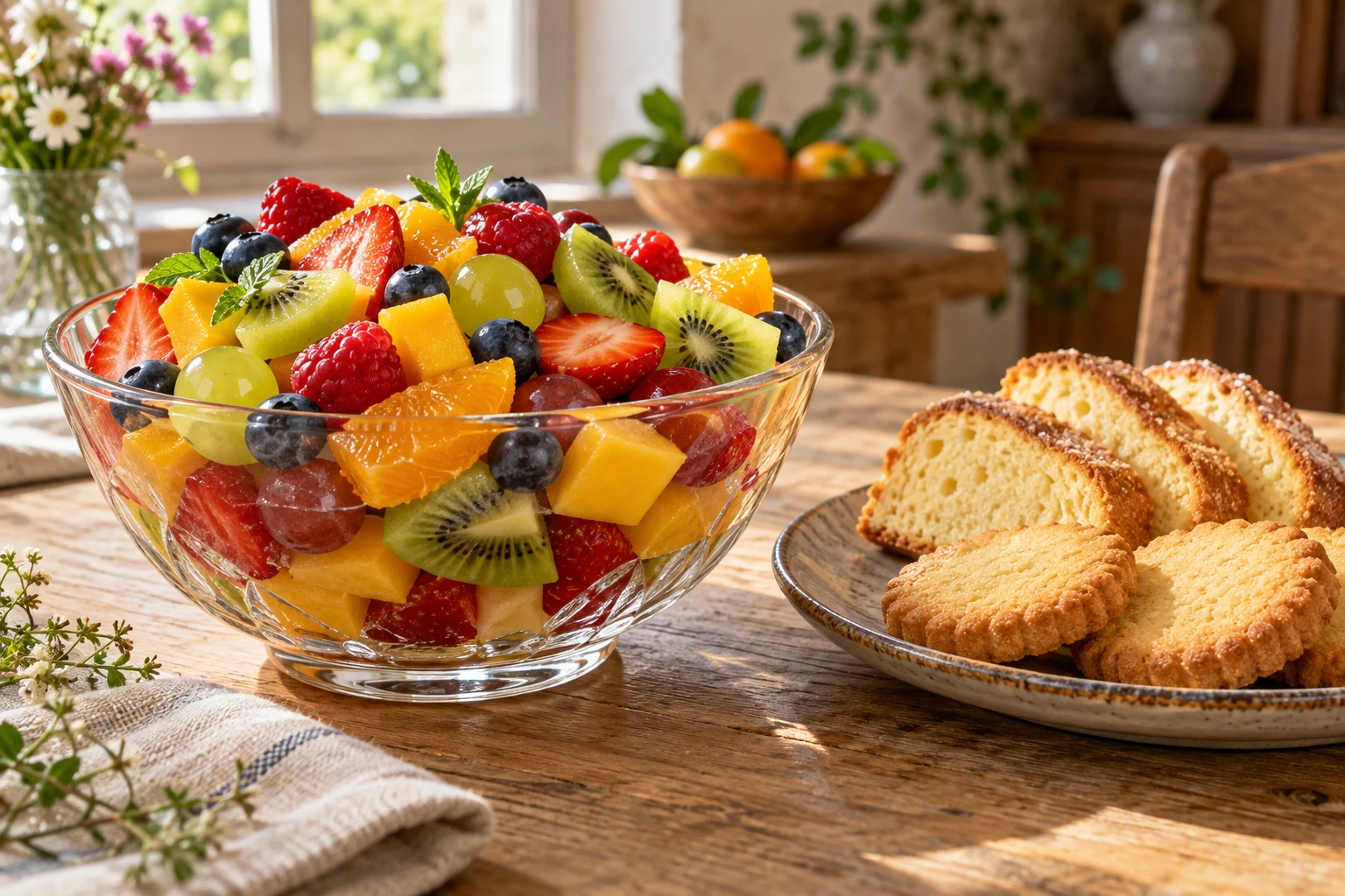 Salade de fruits colorée servie avec du biscuit de Savoie et des sablés sur une table en bois